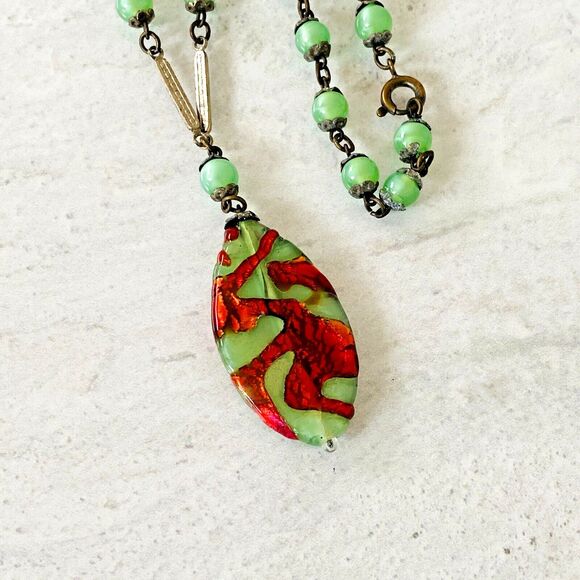 Vintage Czech Art Glass Pendant Necklace Green with Red Lava Silver Tone 16 in - Picture 3 of 6